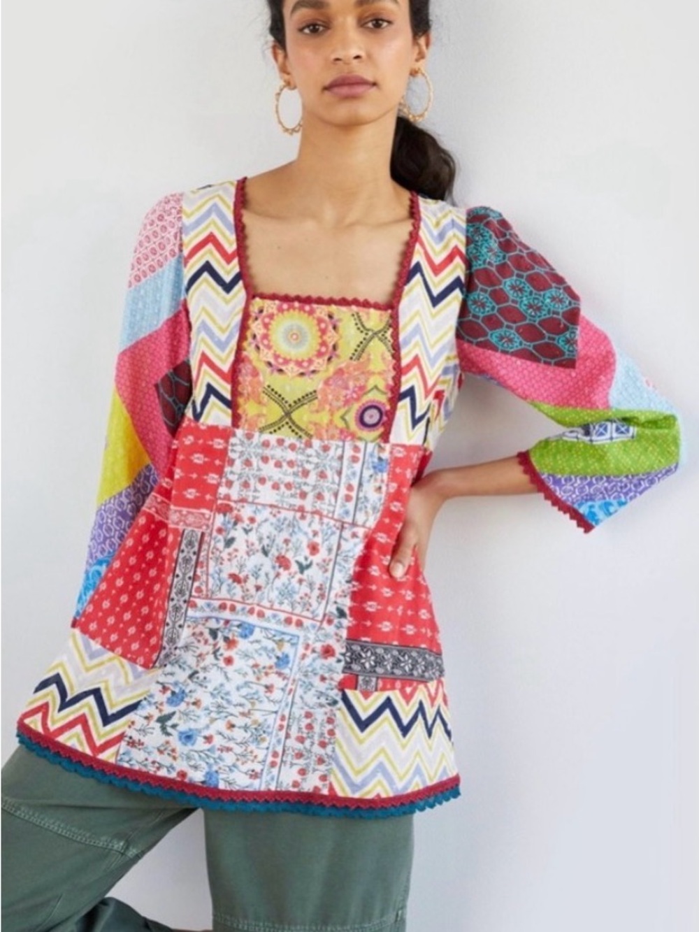 Anthropologie Let Me Be Multicolor Patchwork Square-Neck Tunic Top